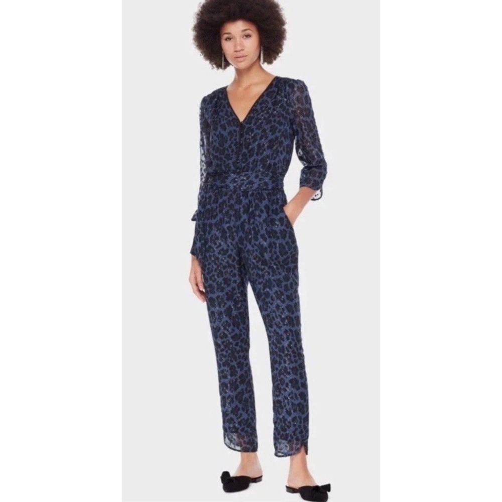 Kate Spade Silk Leopard-Print Clip Dot Jumpsuit Blue Black Size‎ 8 NEW Defaced